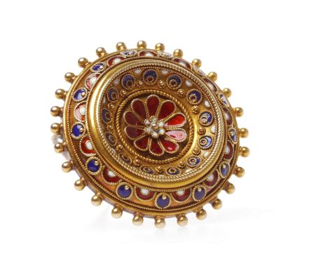 LATE VICTORIAN ENAMELLED BROOCHof circular form, with enamelled floral motif to the centre and enamel decoration to the borde