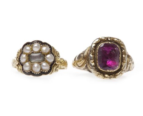 TWO EARLY NINETEENTH CENTURY DRESS RINGSone set with a central purple foiled backed paste 8.5mm long to the rectangular bezel