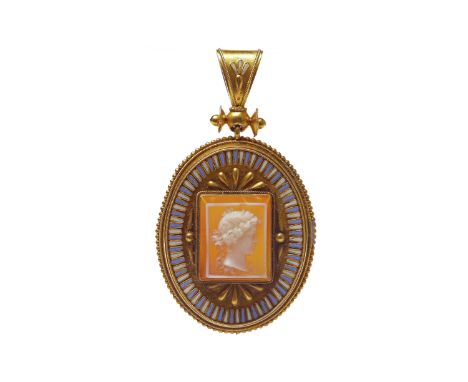 MID VICTORIAN ARCHAEOLOGICAL REVIVAL ENAMELLED CAMEO PENDANTof oval form, set with a central raised rectangular hardstone cam