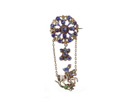 LATE NINETEENTH CENTURY MEDIEVAL REVIVAL ENAMEL AND PASTE BROOCHformed by a pierced circular brooch section set with oval cab