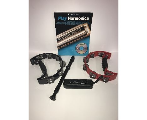 HARMONICA WITH BOX OF HOW TO PLAY, 2 STAG TAMBOURINES, RECORDER