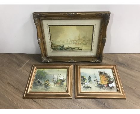 2X OIL PAINTING "JUNKS" AND "NEWCASTLE PRINT
