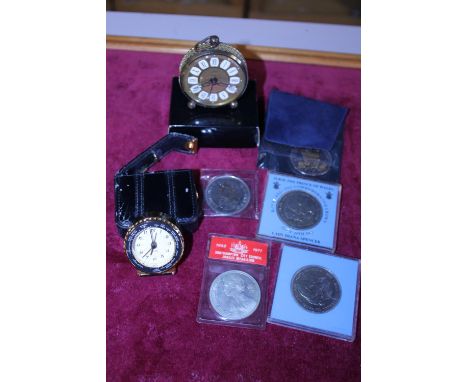 a job lot of assorted coinage including a £5 pound coin and two vintage time pieces 