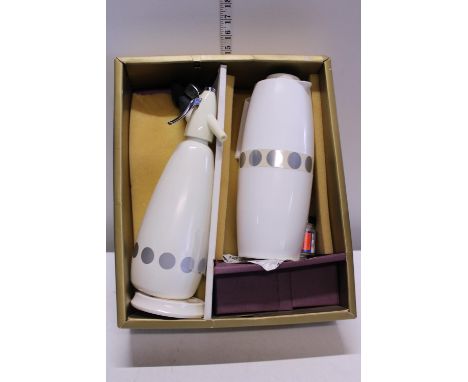 A vintage Sparklets soda syphon and flask in original box 