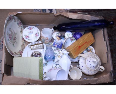 A job lot of assorted collectables including blue glass rolling pin 