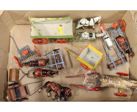 Britains Farm painted lead models mostly horses and horse-drawn implements including Horse and Cart, Horse and Plough, Horse 