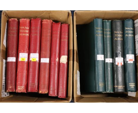 Stamp collection including four green and four red New Age British Empire Stamp Albums with mostly 1930s and 40s used Commonw
