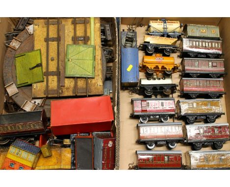 Hornby O gauge model railways to include 0-4-0 locomotive 2270 LMS red/maroon, tinplate engine shed, Palethorpes Royal Cambri