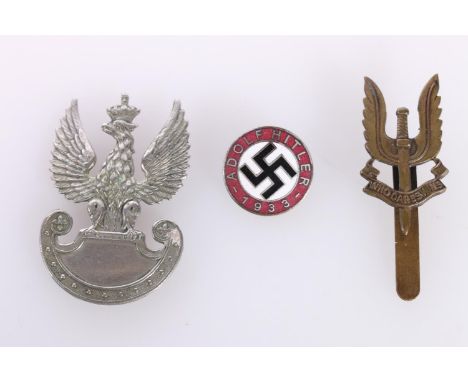Hitler Party enamel metal badge 1933, a Polish eagle cap badge and an SAS Who Dares Wins cap badge. (3)  No obvious damage to