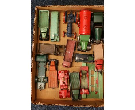 Dinky Toys playworn diecast model vehicles including Petrol tanker, Loud Speaker Van, Ambulance, Commer Dinky Service crane t