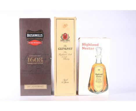 THE GLENLIVET 12 year old unblended all malt Scotch whisky 26 2/3 fluid ounces 70° proof boxed, HIGHLAND NECTAR deluxe blende