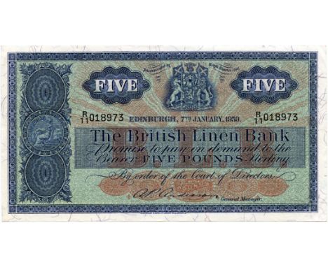 THE BRITISH LINEN BANK five pound £5 banknote 7th January 1959, Anderson, R/11 018973, aEF, SC214c. THE BRITISH LINEN BANK fi
