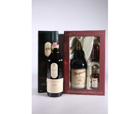 GLENFARCLAS gift set containing a 25-year-old Highland single malt Scotch whisky 43% abv. 70cl, a 12 year old miniature 43% a