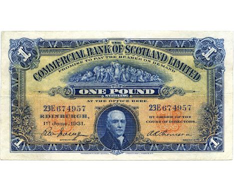 THE COMMERCIAL BANK OF SCOTLAND LIMITED one pound £1 banknote 1st June 1931, 23E674957, Irving and Thomson, VF+, SC404c. THE 