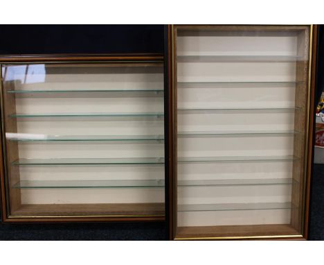 Two mahogany framed wall display cases, used previously for model railway, 45cm x 83cm and 57cm x 37cm. 