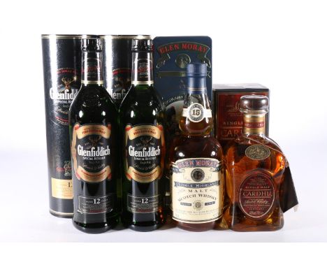 Four bottles of single malt Scotch whisky to include GLEN MORAY 15-year-old single malt Scotch whisky 43% abv. 70cl in The Bl