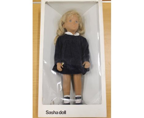 Sasha doll 4101 Sasha wearing blue corduroy dress, blonde hair, golden button, boxed. 