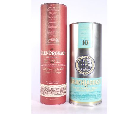 BRUICHLADDICH 10 year old Islay single malt Scotch whisky 70cl 46% abv. with metal tube and GLENDRONACH 12 year old Original 