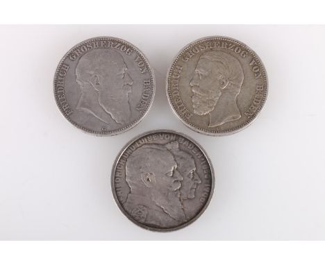 GERMAN STATE OF BADEN Friedrich I (1856-1907) silver five mark 1893 G KM#268, silver five mark 1906 Golden Wedding KM#277, an