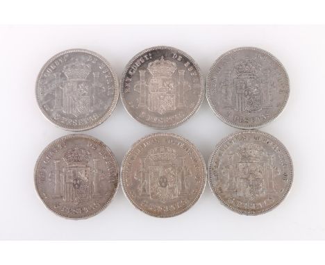 SPAIN Amadeo I (1871-1873) silver five pesetas 1871 SD-M KM666, Alfonso XII (1874-1885) silver five pesetas 1878 EM-M KM#676,