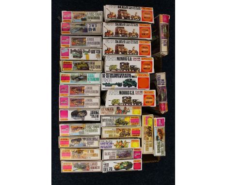 Matchbox 1:76 Scale model kits including PK172 Morris C8 Jeep, PK171 Sd Kfzll, PK174 Tank Transporter, PK75 Humber mkII, PK84