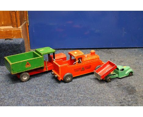 Lines Brothers Triang wooden Puff Puff steam train model 37cm long, a similar tipper truck 40cm long and a Hubley Kiddie Toy 