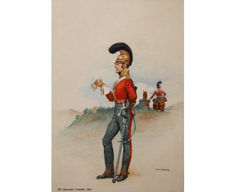 J M FARQUHAR (early 20th century)  3rd Dragoon Guards 1816, watercolour, signed lower right, 32cm x 21cm, frame 50cm x 40cm. 