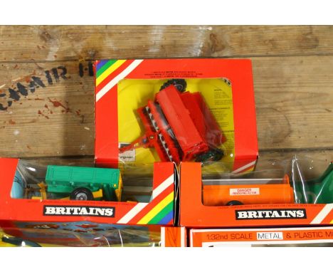 Britians Ltd 1:32 scale farming models including 9542 Forage Harvester, 9577 Seed Drill, 9565 Tipping Trailer, 9560 Vacuum Ta