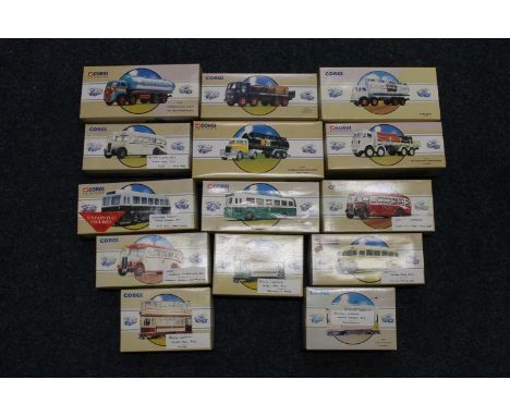 Fourteen Corgi Classics diecast model vehicles including 97018 Dundee Corporation, 97363 Edinburgh Corporation, 97840 Shell M