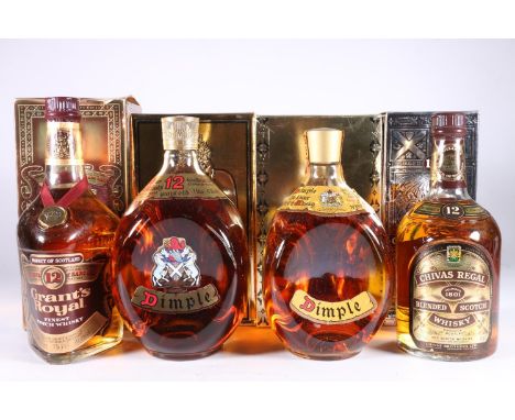 Four bottles of blended Scotch whisky to include HAIG'S DIMPLE de luxe 12 year old, 1litre 43% abv. boxed, HAIG's Dimple old 