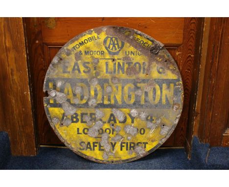 Vintage enamel metal sign 'AA Automobile Association and Motor Union East Linton Haddington Aberlady', 75cm diameter. 