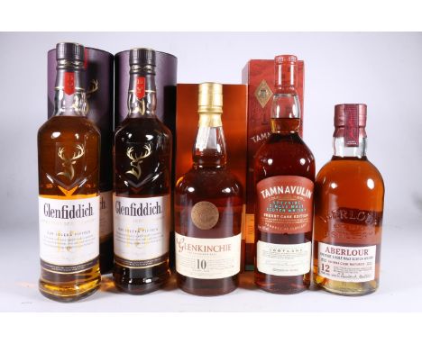Five bottles of single malt Scotch whisky to include GLENKINCHIE 10 year old 70cl 43% abv. boxed, ABERLOUR 12 year old 70cl 4