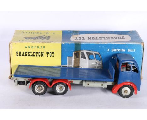 Shackleton Toy diecast mechanical scale model Foden FG flatbed, blue cab and flatbed, red wheel arches, boxed. 