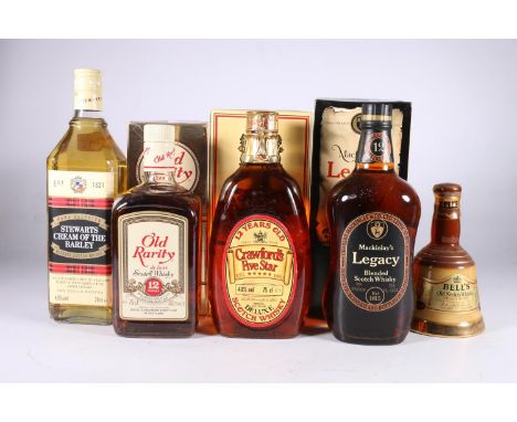 Five bottles of blended Scotch whisky to include MacKinlays Legacy 12 year old 26 2/3 fluid ounces 70° proof, boxed, Old Rari