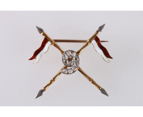 9th Lancers gold, enamel and diamond sweetheart brooch in the form of crossed lances with ‘9’ picked out in diamonds to the c