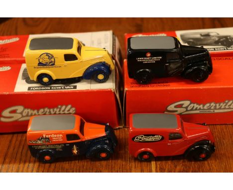 Four Somerville Models 1:43 scale Fordson 5cwt vans to include Colchester Tractors, Lewis East Limited, Somerville Models and