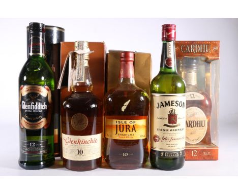 Four bottles of single malt Scotch whisky to include GLENKINCHIE 10 year old 43% abv. 70cl boxed, ISLE OF JURA 10 year old 40