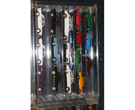 Large collection of model vehicles held in perspex cases, makers including Welly, Amercom, Oxford, Vanguards, etc. (approxima