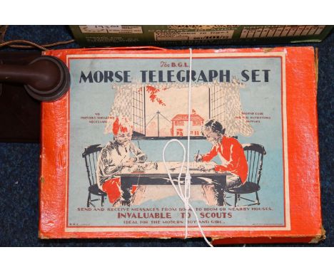 The Kay Telephone Set boxed, The BGL Morse Telegraph Set boxed, Britains filed gun, metal model of a table saw, Dinky and Cor