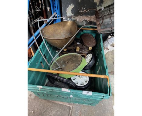 A box of metalware including a billiard table iron - J Platt &amp; Co, potatoes scale with brass tray, wheels, castors and a 