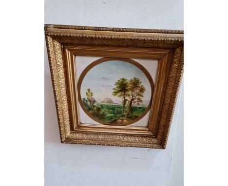A 19th century painted porcelain plaque, continental landscape scene, 19.5cm x 19.5cm, gilt frame. 