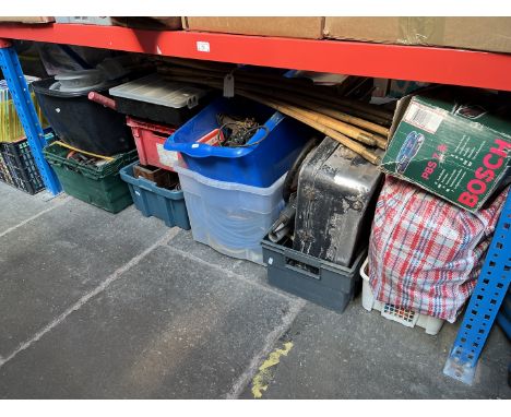 9 boxes and a bag of misc garage items to include belt sander, nails, screws, grinder disks, drain rods, electrical cables, b