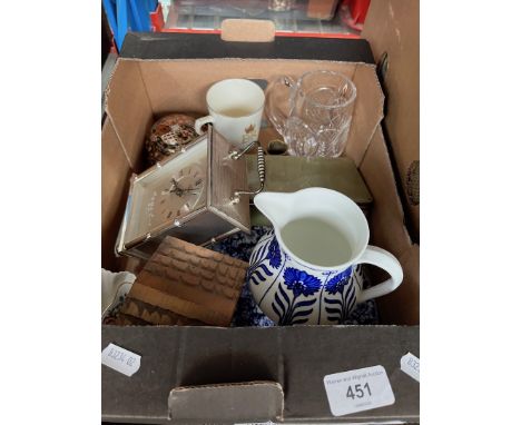 A box of misc items to include carriage clock, onyx trinket box, Coalport china and a Waterford crystal mug. 