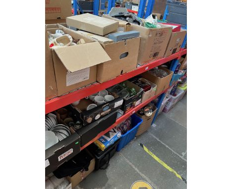 17 boxes of misc items including ceramics, pottery, glassware, dolls, sport equipment, fishing box, light fittings with glass