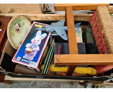 A mixed box of collectables including white metal mechanical pencil, boxed knife set, recorder, model fighter jet, plates, du