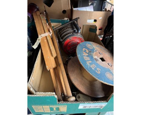 A box of misc items including a vintage Eclipse smoke drain testing machine, a vintage "The Junior" branch pruner / lopper, a