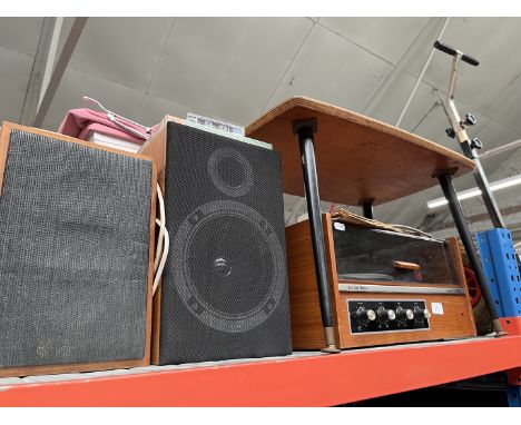 A Van Der Molen record player and speakers, together with a vintage coffee table. 