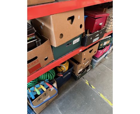 16 boxes of misc gardenware, garageware, tools, household items, kitchenware, books, CDs, officeware, Kirby accessories, a pi