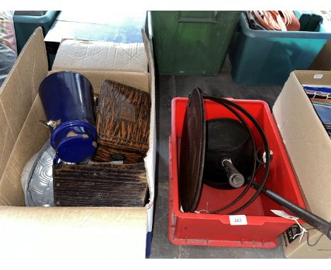 2 boxes kitchen items to include 2 griddle pans, frying pan, cook pot, cutlery, an oak trug, tin jelly mould, billycan, rolli