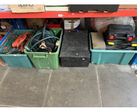 3 boxes and 1 wooden box of various tools to include garageware and gardenware. 